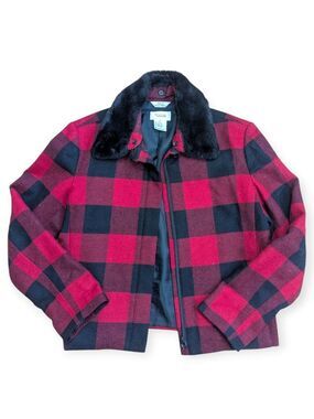 Talbots Wool Buffalo Plaid Jacket Faux Fur Collar Size 4